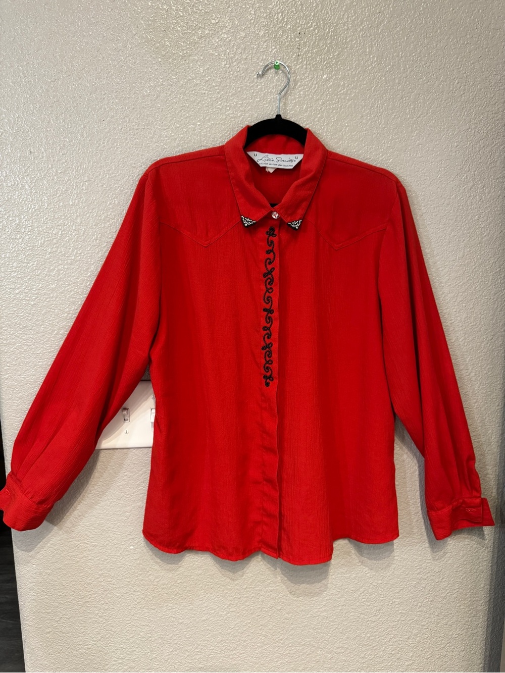 Vintage Lilia Smitty Western Blouse Red Rhinestone Collar Cowgirl Rodeo Shirt